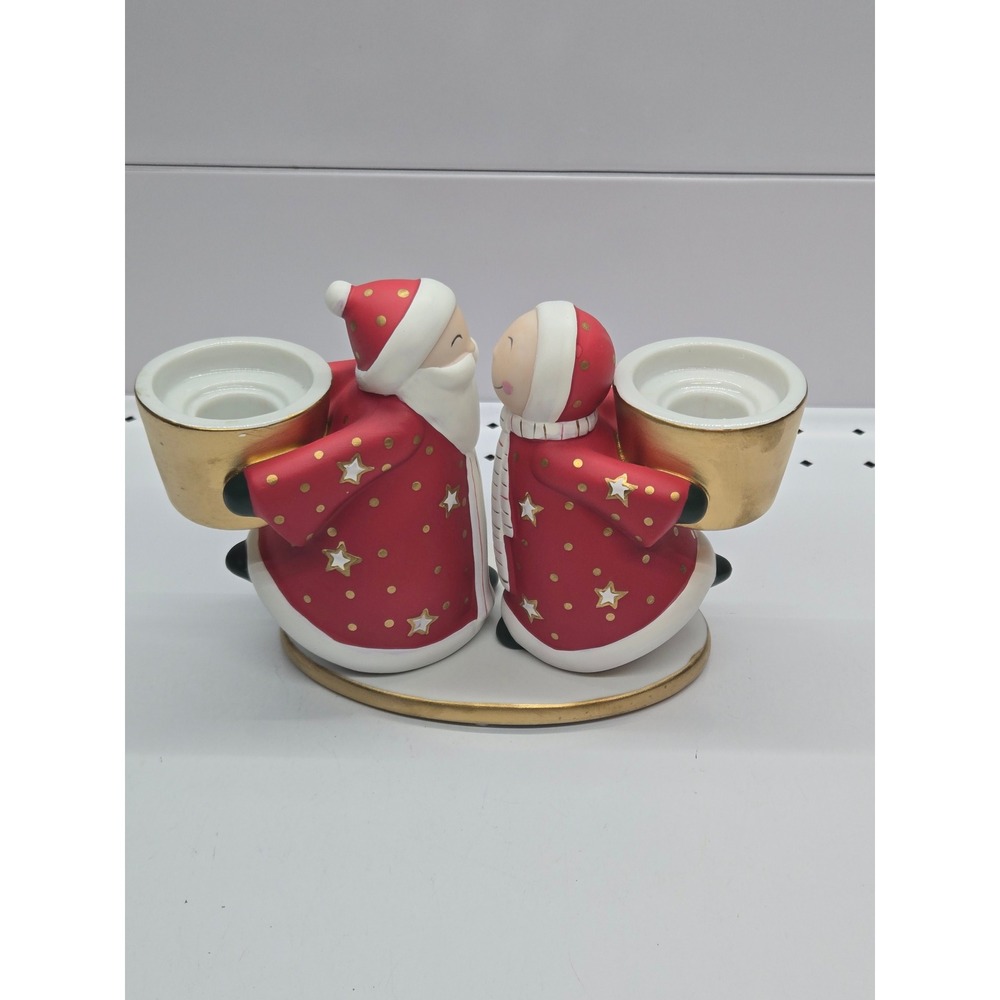 PartyLite Christmas Santa Couple Tealight Holder Ceramic Red‎ Gold Holiday